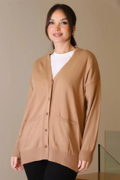 CEPLİ UZUN KOLLU CAMEL KADIN HIRKA 5480-2K5