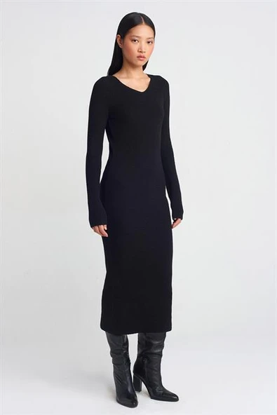 V Yaka Yumuşak Dokulu Fitilli Siyah Kadın Triko Elbise 90242-2K5