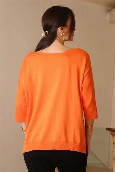 GENİŞ YAKA UZUN KOLLU ORANJ KADIN TRİKO KAZAK 5427-2K5 - Resim 4