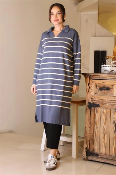 YANLARI YIRTMAÇLI UZUN KOLLU İNDİGO  KADIN ELBİSE 5172-2K5 - Resim 2