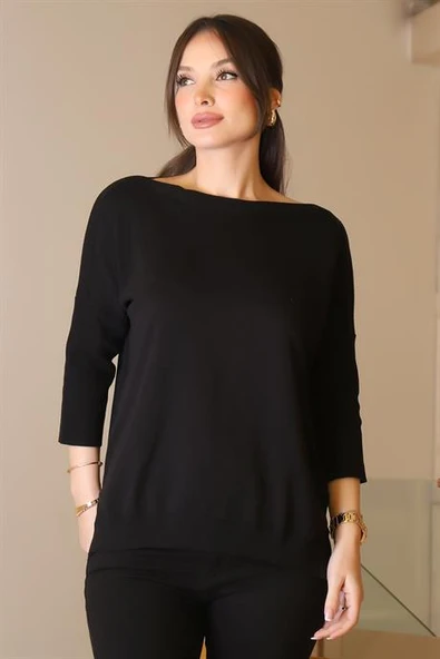 GENİŞ YAKA UZUN KOLLU SİYAH KADIN TRİKO KAZAK 5427-2K5 - 4