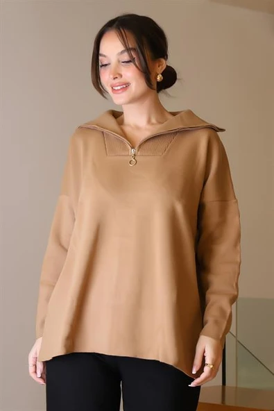 GENİŞ YAKA FERMUARLI CAMEL TRİKO KADIN KAZAK 6078-2K5 - Resim 2