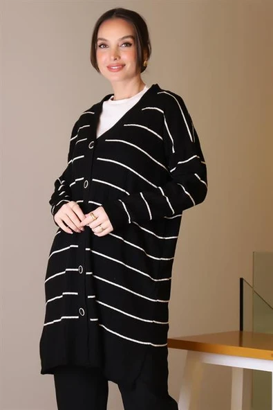 SİYAH ÇİZGİLİ UZUN KADIN TRİKO HIRKA 6165-2K5 - Resim 3