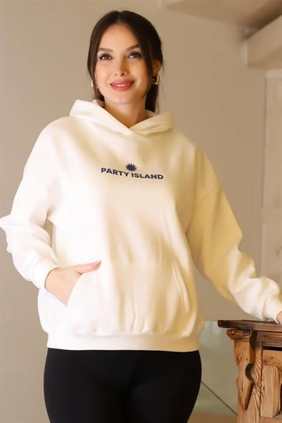 KAPÜŞONLU SIRTI YAZILI EKRU KADIN SWEATSHİRT W0011185-2K5 - 3