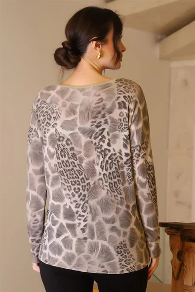 V YAKA TAŞLI BEJ KADIN BLUZ 5822-2K5 - Resim 5