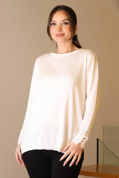 BİSİKLET YAKA KOLLARI DÜĞMELİ EKRU KADIN KAZAK 5575-2K5 - Resim 3