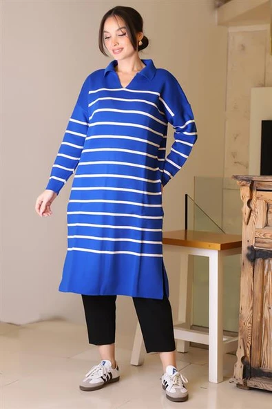 YANLARI YIRTMAÇLI UZUN KOLLU SAKS KADIN ELBİSE 5172-2K5 - Resim 4