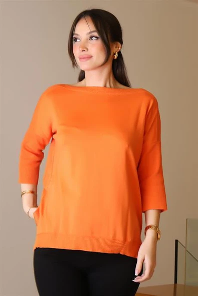 GENİŞ YAKA UZUN KOLLU ORANJ KADIN TRİKO KAZAK 5427-2K5 - Resim 3