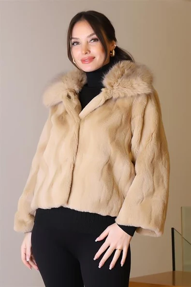 KÜRK YAKA UZUN KOLLU CAMEL KADIN CEKET   2637-2K5 - Resim 4