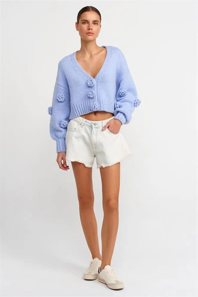 V YAKA EL İŞİ GÜL NAKIŞLI MAVİ KADIN HIRKA 60216-2K5 - Resim 3