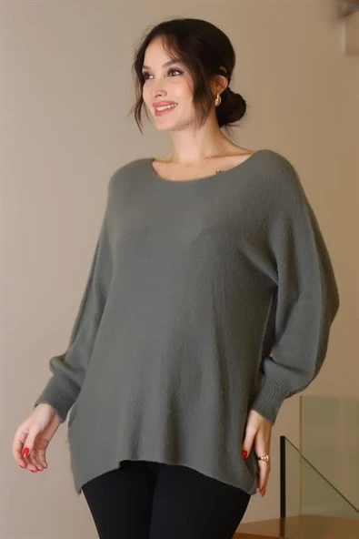 GENİŞ YAKA UZUN KOLLU HAKİ KADIN KAZAK 818-2K5 - 3