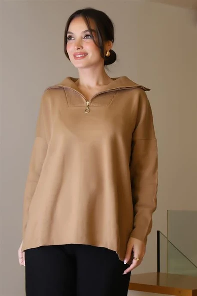 GENİŞ YAKA FERMUARLI CAMEL TRİKO KADIN KAZAK 6078-2K5 - Resim 4
