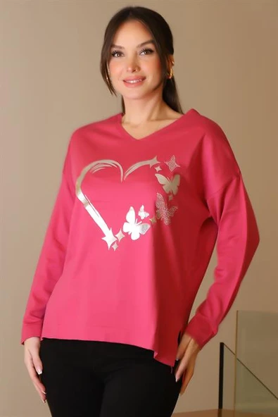 V YAKA KALP BASKILI FUŞYA KADIN TRİKO KAZAK 603-2K5 - Resim 2