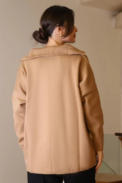 GENİŞ YAKA FERMUARLI CAMEL TRİKO KADIN KAZAK 6078-2K5 - Resim 5