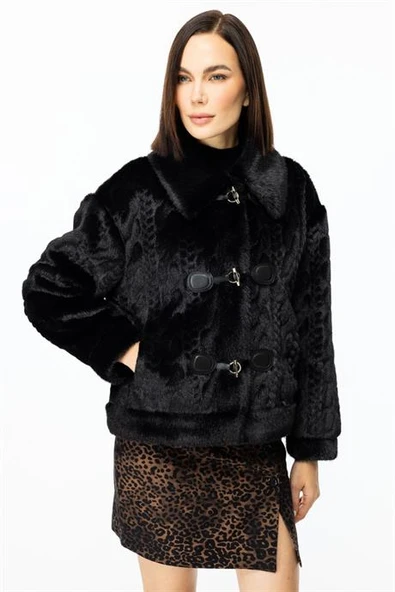 Kancalı Peluş Siyah Kadın Mont 7045-2K5 - 5