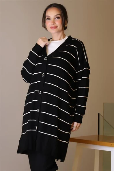 SİYAH ÇİZGİLİ UZUN KADIN TRİKO HIRKA 6165-2K5 ürün görseli