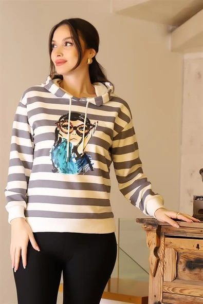 KAPÜŞONLU KIZ BASKILI EKRU KADIN SWEATSHİRT 29374-2K5 - 2