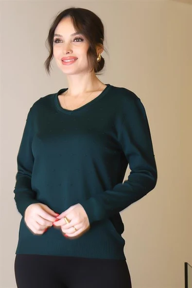 V YAKA UZUN KOLLU ZÜMRÜT  KADIN TRİKO KAZAK 5633-2K5 - Resim 4