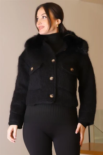 KÜRK YAKA SİYAH UZUN KOLLU KADIN CEKET  5632-2K5 - Resim 5