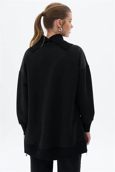 Triko Garnili Kapitoneli Siyah Kadın Sweatshirt  31007-2K5 - 4