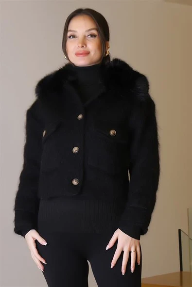 KÜRK YAKA SİYAH UZUN KOLLU KADIN CEKET  5632-2K5 - Resim 2