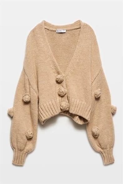 V YAKA EL İŞİ GÜL NAKIŞLI BEJ KADIN HIRKA 60216-2K5 ürün görseli