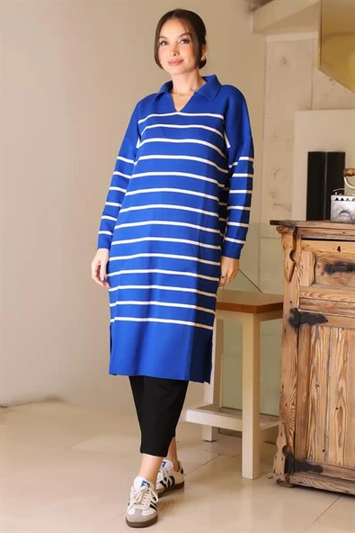 YANLARI YIRTMAÇLI UZUN KOLLU SAKS KADIN ELBİSE 5172-2K5 ürün görseli