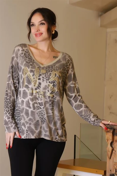 V YAKA TAŞLI BEJ KADIN BLUZ 5822-2K5 ürün görseli