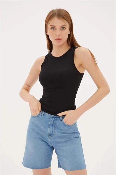 KOLSUZ SIFIR YAKA SİYAH  KADIN CROP 0479-2Y5 - 3