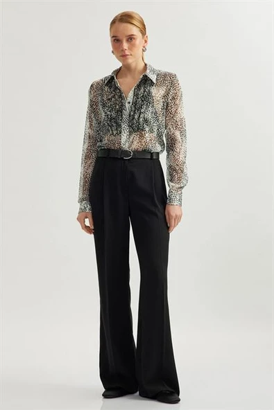 UZUN KOLLU FIRFIRLI SİYAH KADIN GÖMLEK 5SAK60185UW-2Y5 - 2