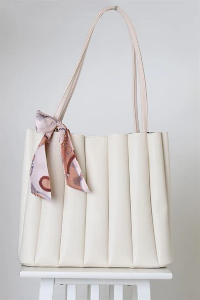 BEYAZ FLAR DETAYLI KREM KADIN ÇANTA  0210-2Y4 - Resim 3