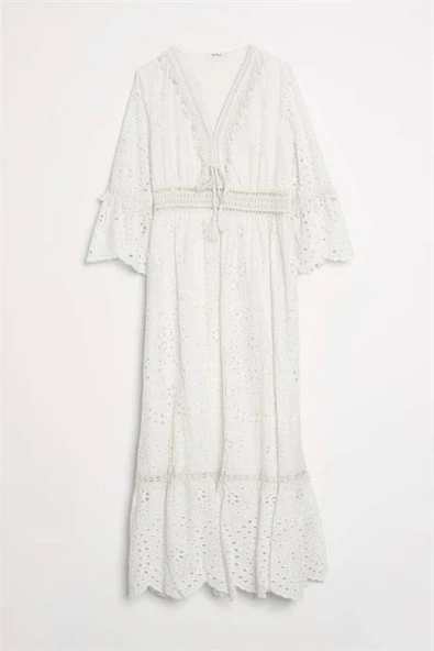 V YAKA GÜPÜR EKRU KADIN ELBİSE  M38250-2Y5 ürün görseli