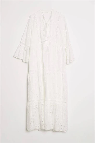 YAKASI BAĞLAMALI GÜPÜRLU UZUN KADIN ELBİSE  M38245-2Y5 ürün görseli