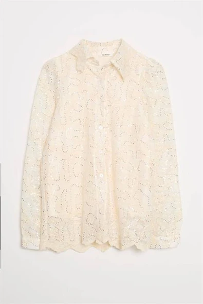 BONCUKLU UZUN KOLLU NATUREL KADIN GÖMLEK  M38169-2Y5 ürün görseli