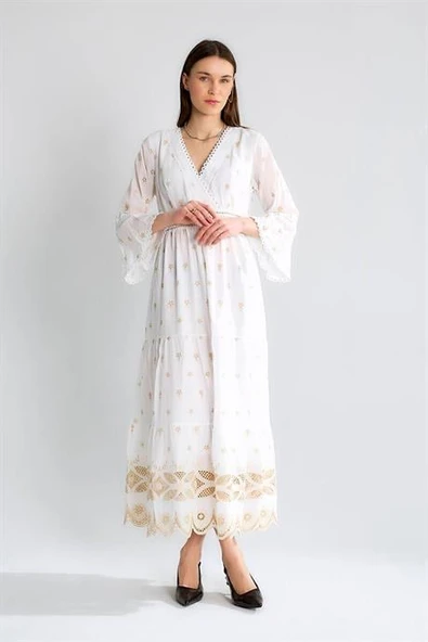 V YAKA ETEĞİ GÜPÜRLÜ EKRU KADIN ELBİSE  M38243-2Y5 ürün görseli