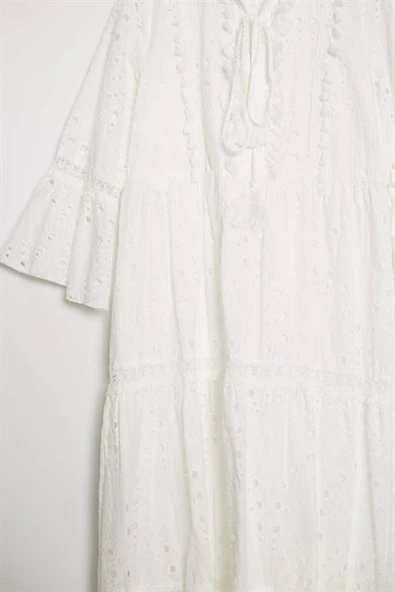 YAKASI BAĞLAMALI GÜPÜRLU UZUN KADIN ELBİSE  M38245-2Y5 - Resim 2