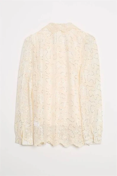 BONCUKLU UZUN KOLLU NATUREL KADIN GÖMLEK  M38169-2Y5 - Resim 2