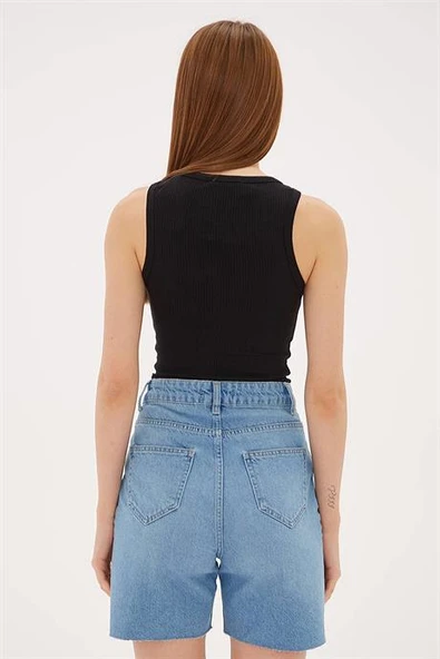 KOLSUZ SIFIR YAKA SİYAH  KADIN CROP 0479-2Y5 - 5