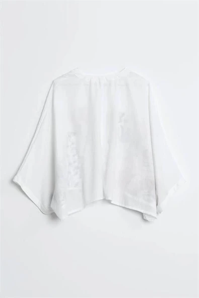 İŞLEMELİ V YAKA EKRU KADIN BLUZ   M37049-2Y5 - Resim 5