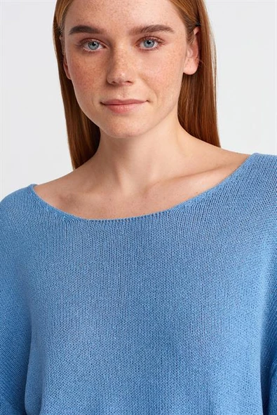 SIFIR YAKA UZUN KOLLU MAVİ KADIN T-SHİRT  10706-2Y5 - Resim 3