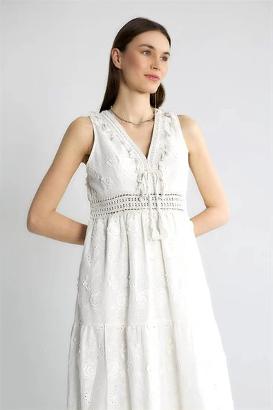 V YAKA KOLSUZ EKRU KADIN ELBİSE  M38283-2Y5 - Resim 2