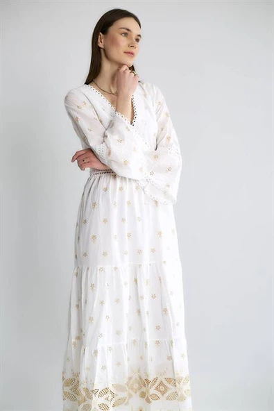 V YAKA ETEĞİ GÜPÜRLÜ EKRU KADIN ELBİSE  M38243-2Y5 - Resim 2