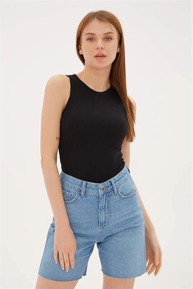 KOLSUZ SIFIR YAKA SİYAH  KADIN CROP 0479-2Y5 - 2
