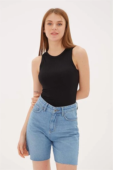KOLSUZ SIFIR YAKA SİYAH  KADIN CROP 0479-2Y5 - 4
