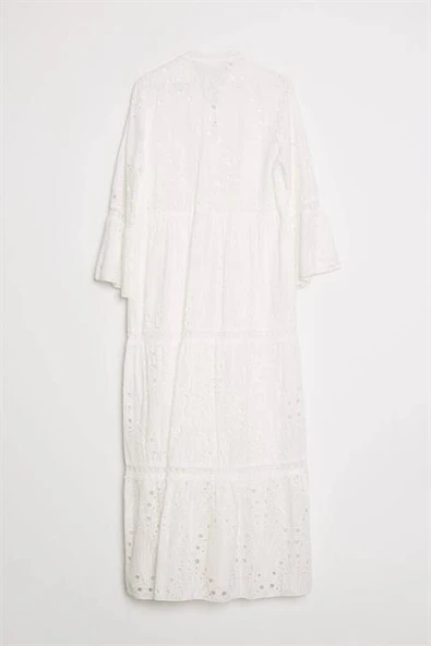 YAKASI BAĞLAMALI GÜPÜRLU UZUN KADIN ELBİSE  M38245-2Y5 - Resim 3