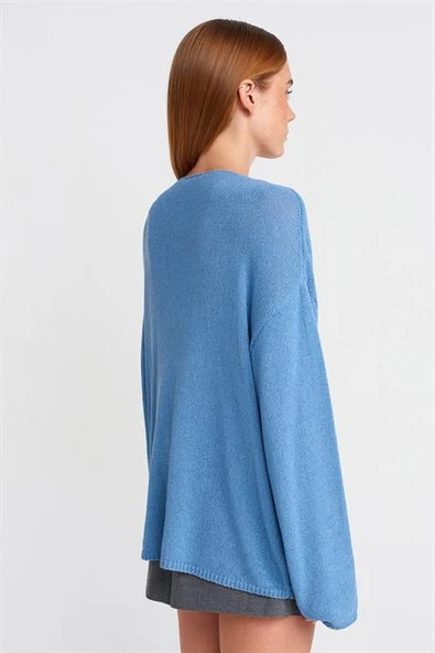 SIFIR YAKA UZUN KOLLU MAVİ KADIN T-SHİRT  10706-2Y5 - Resim 4