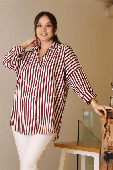 BORDO ÇİZGİLİ TAŞLI KADIN GÖMLEK  4735-2Y5 ürün görseli