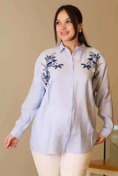 MAVİ PUL VE BONCUK İŞLEMELİ UZUN KOLLU KADIN GÖMLEK  4488-2Y5