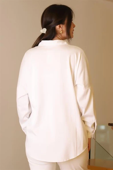 EKRU UZUN KOLLU ZİNCİR İŞLEMELİ KADIN GÖMLEK 4703-2Y5 - 5