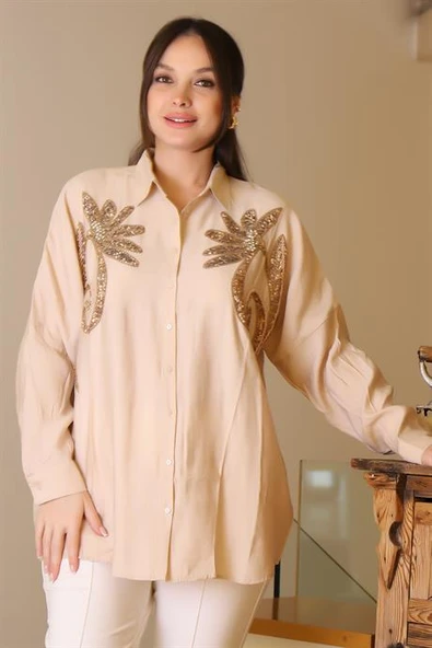UZUN KOLLU BONCUK İŞLEMELİ BEJ KADIN GÖMLEK  4470-2Y5 ürün görseli